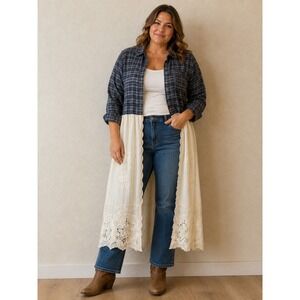 Upcycled Plaid Flannel & vintage Embroidered Eyelet Lace Duster Top sz XL/1X